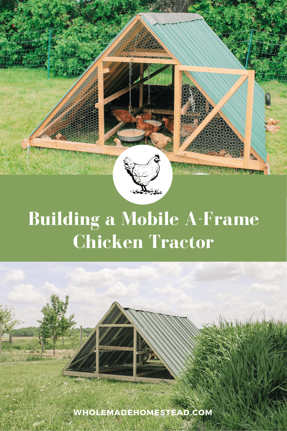two perspectives of an a frame chicken ark. both sit on green grass on the farm