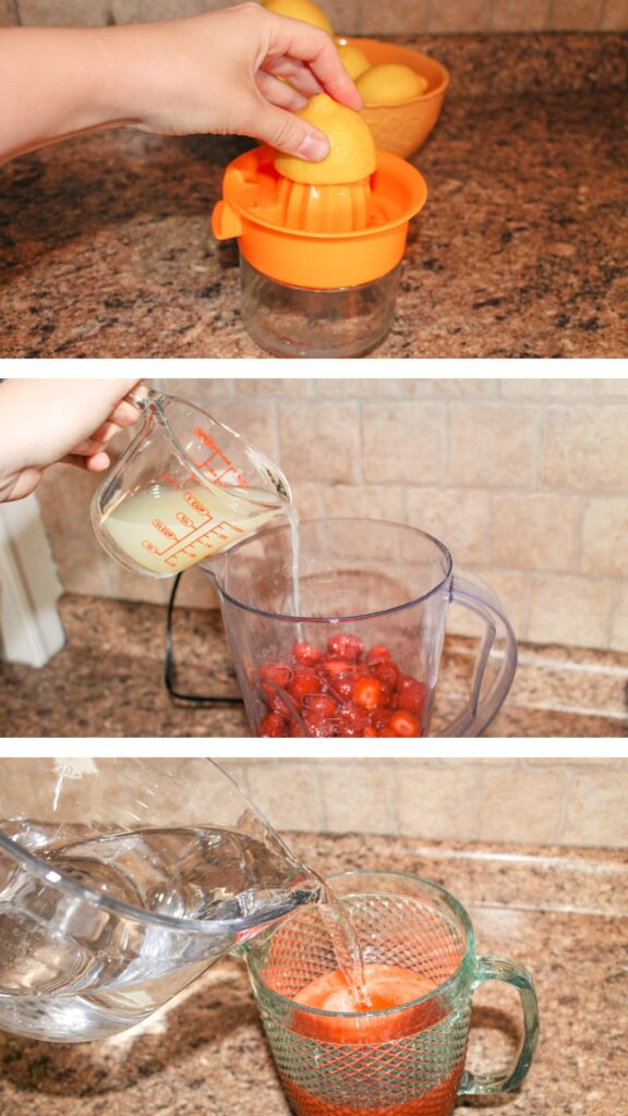 woman shows process of how to make strawberry lemonade at home using a blender
