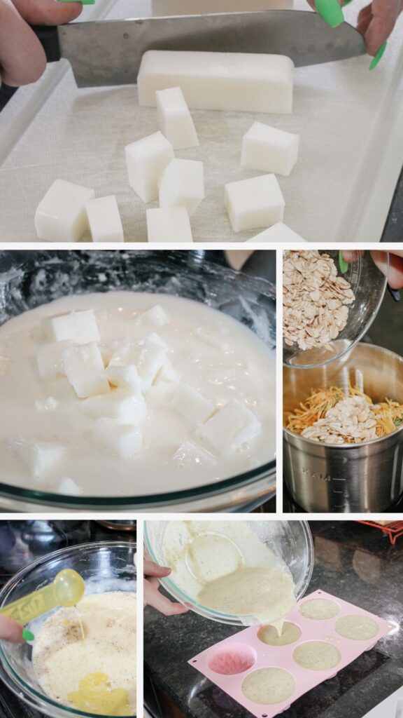 collage featuring step by step photos on how to make melt and pour soap
