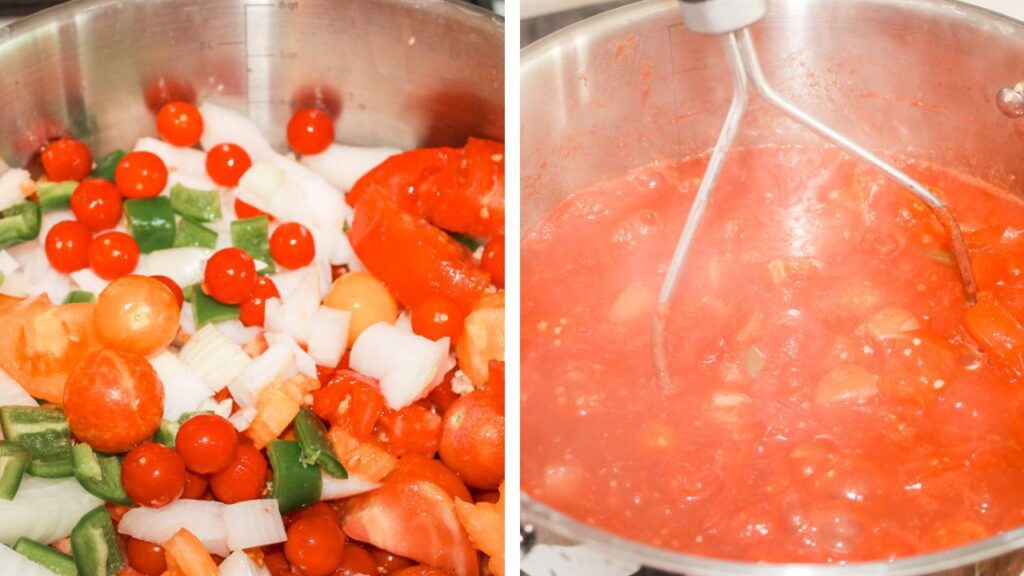 collage showing pot of vegetables and a stockpot full of freezer salsa