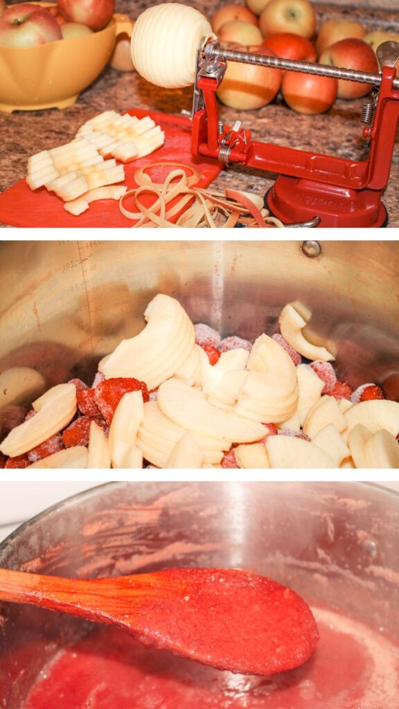 group of photos displaying apples and strawberries and how to make strawberry applesauce