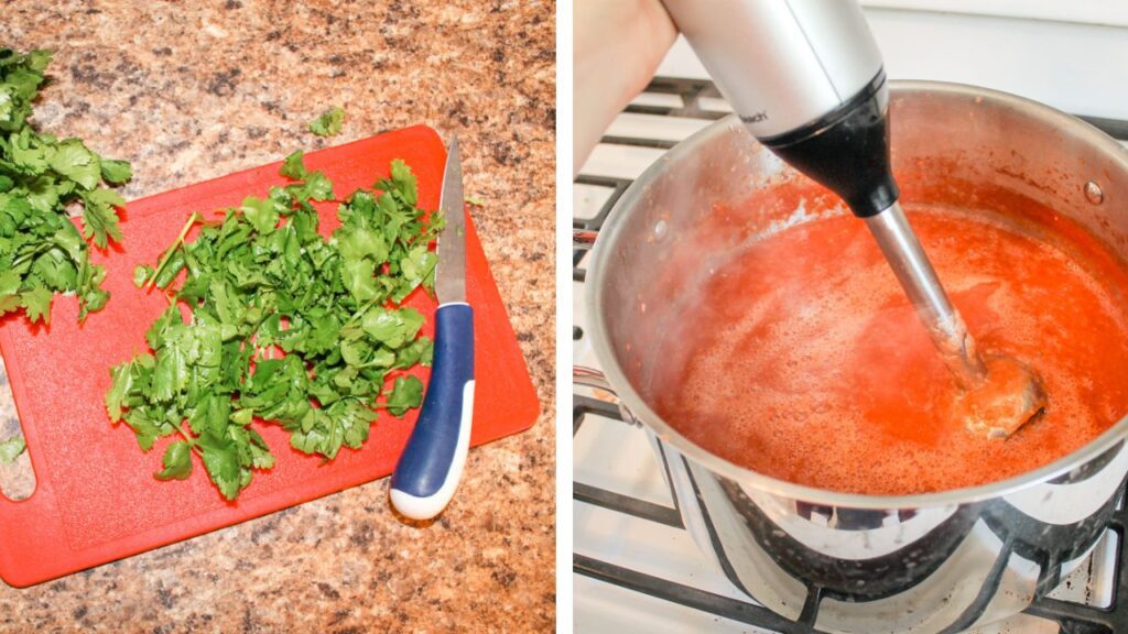 collage of woman chopping cilantro and woman using an immersion blender to puree salsa