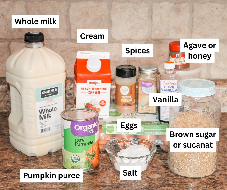ingredients to make pumpkin ice cream sit on a kitchen countertop
