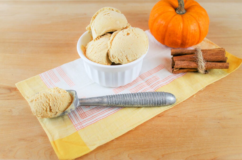 small white bowl filled with ice cream sits beside a scoop, a pumpkin and some cinnamon sticks