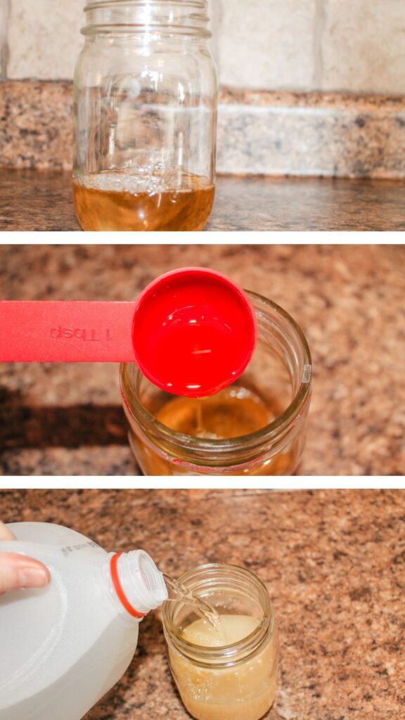 3 photographs showing how to make homemade liquid soap