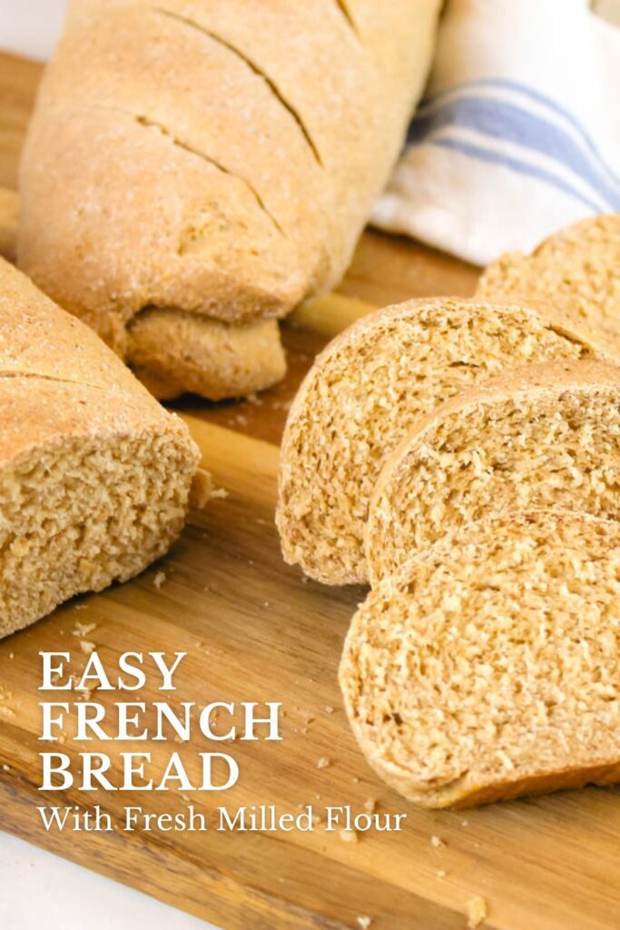 pinterest graphic showing a photo of two loaves of bread and a few slices of french bread