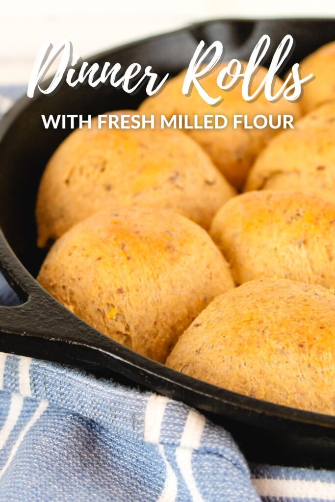 pinterest graphic showing a cast iron skillet filled with homemade rolls