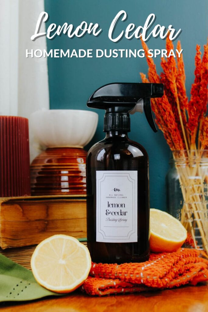 pinterest graphic showing a glass bottle filled with diy dusting spray