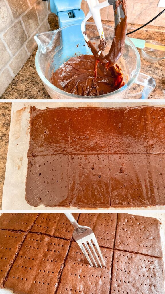 three photos showing a kitchen aid mixer, a sheet of chocolate batter and a woman pricking the tops of chocolate ice cream cookies with a fork