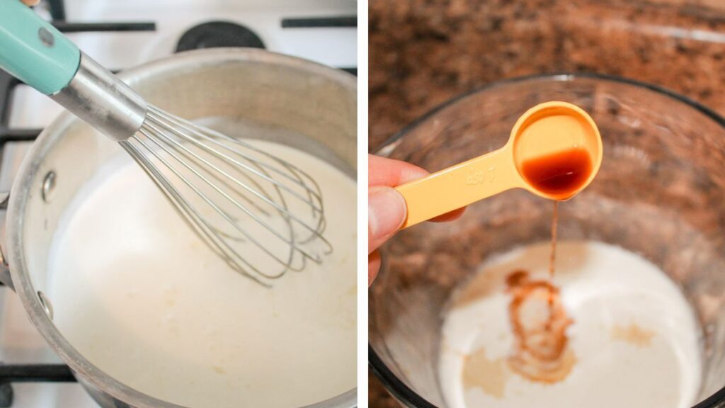 two photos showing a woman whisking milk and vanilla together to make homemade vanilla ice cream