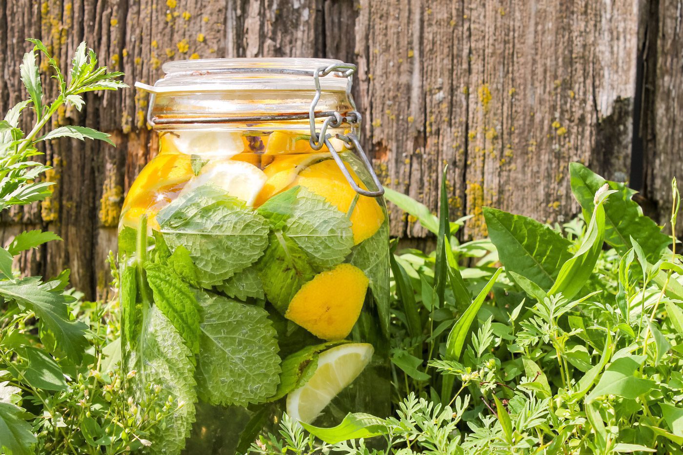 glass jar filled with herbs and lemons sitting in front of a wooden barn