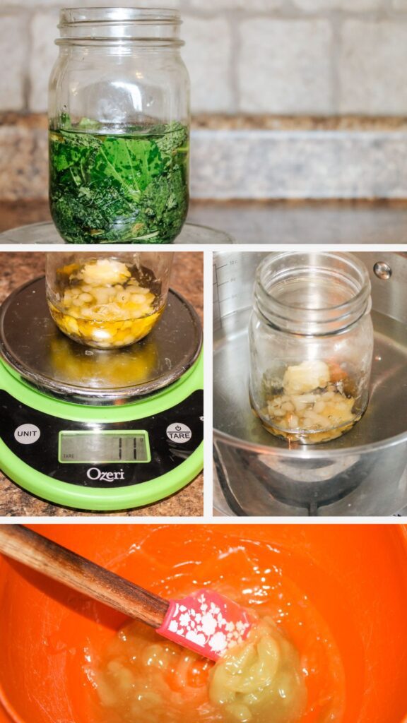 four photos showing the steps to make a homemade herbal balm