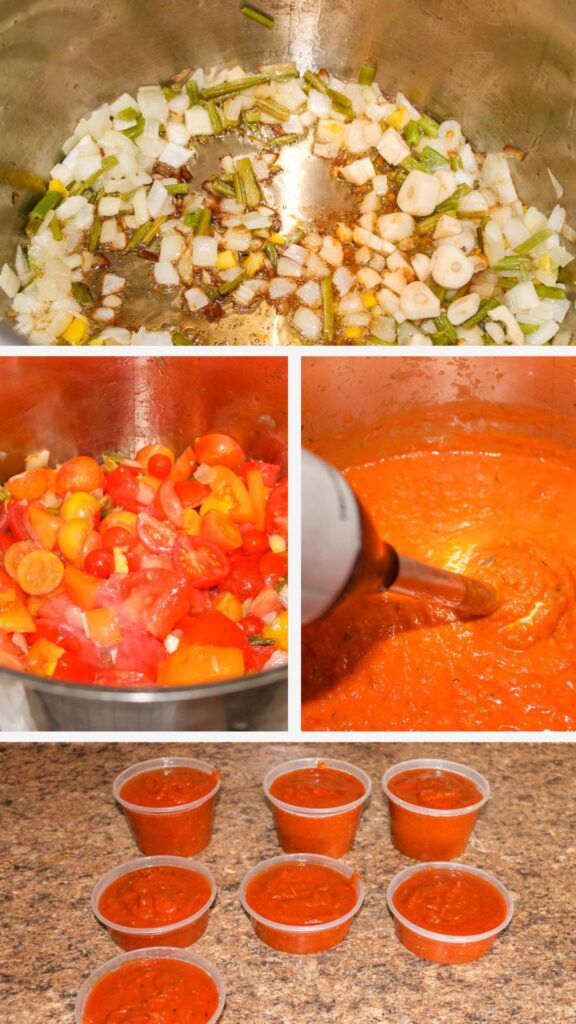 instructional photos of making pizza sauce including cooking vegetables in a pot and pouring sauce into freezer containers