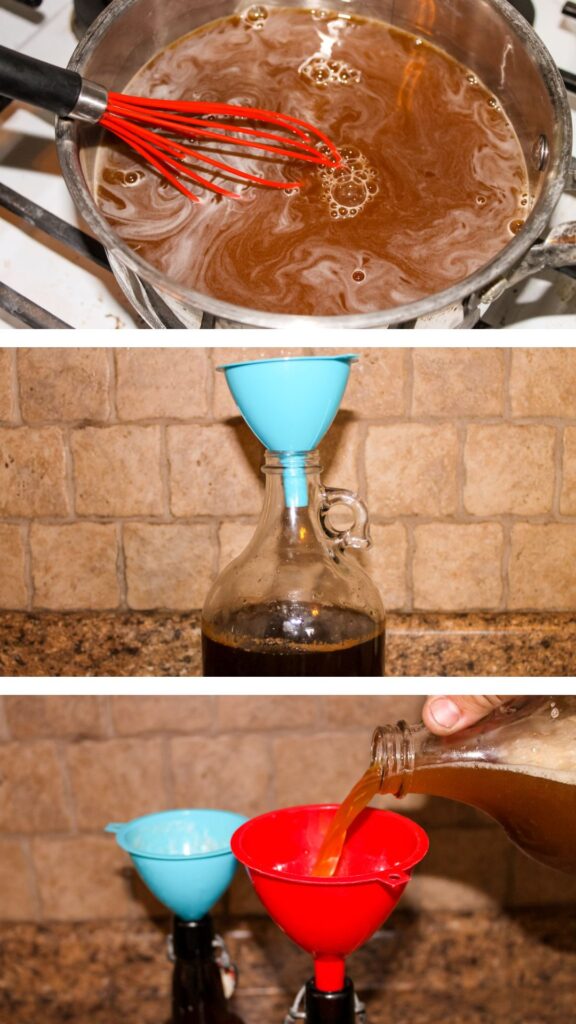 instructional photos of a woman making probiotic soda and filling bottles