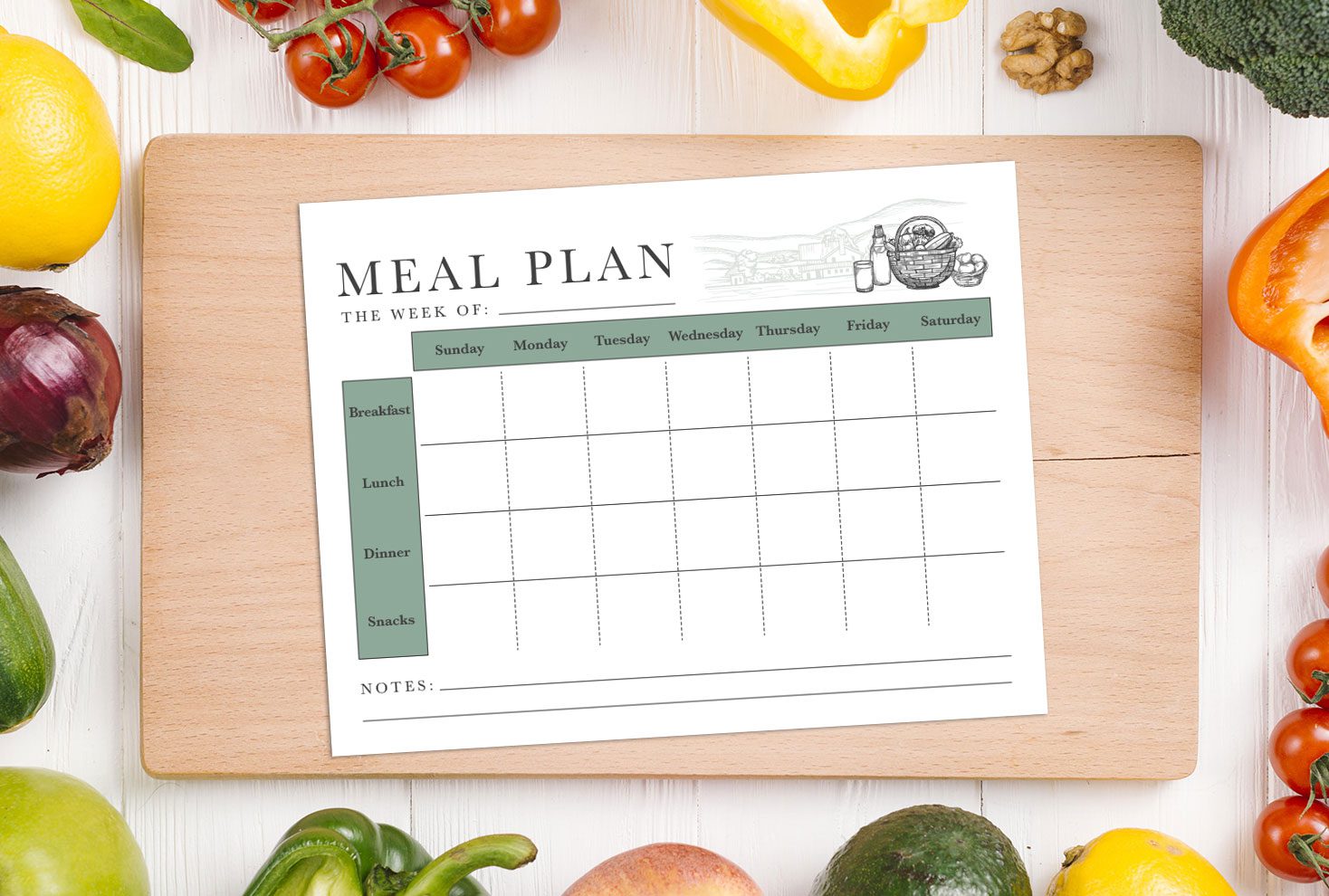 wooden cutting board with a blank printable meal planner sitting on top