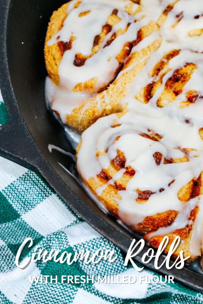 top view of a baking pan filled with homemade cinnamon rolls