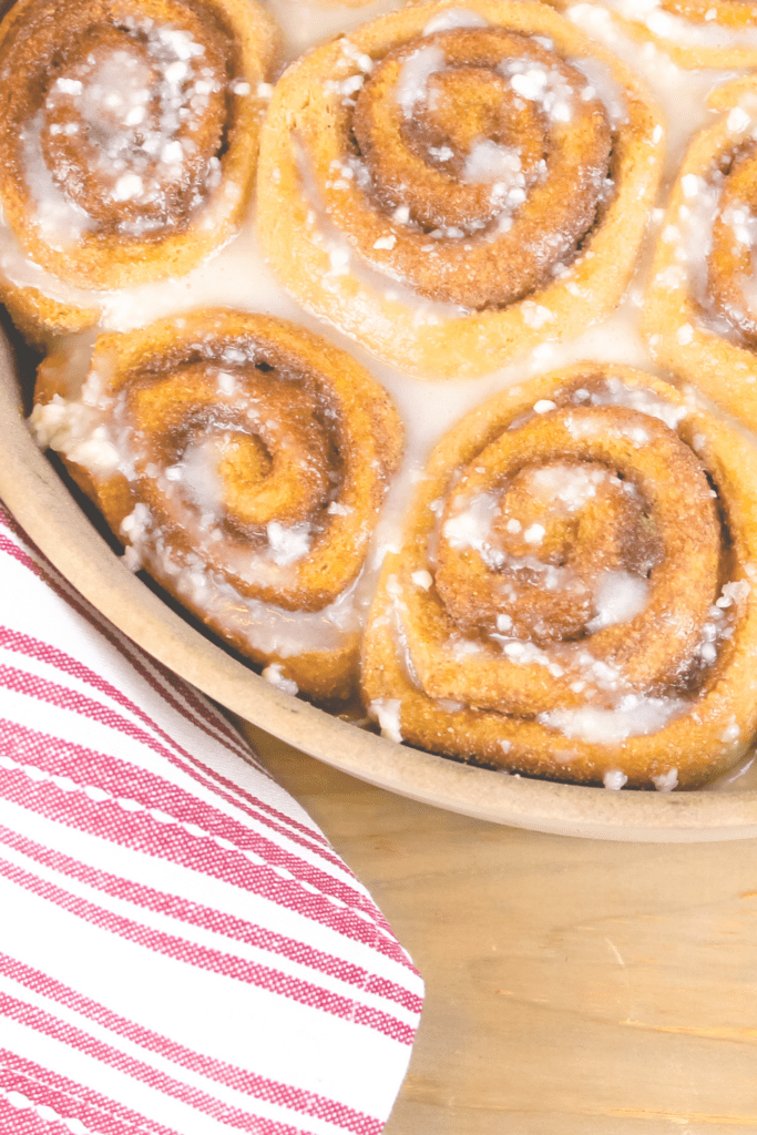 top view of a baking pan filled with homemade cinnamon rolls