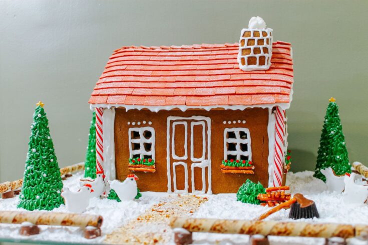 handmade gingerbread house with candy decorations, cut out cookie chickens and ice cream cone Christmas trees