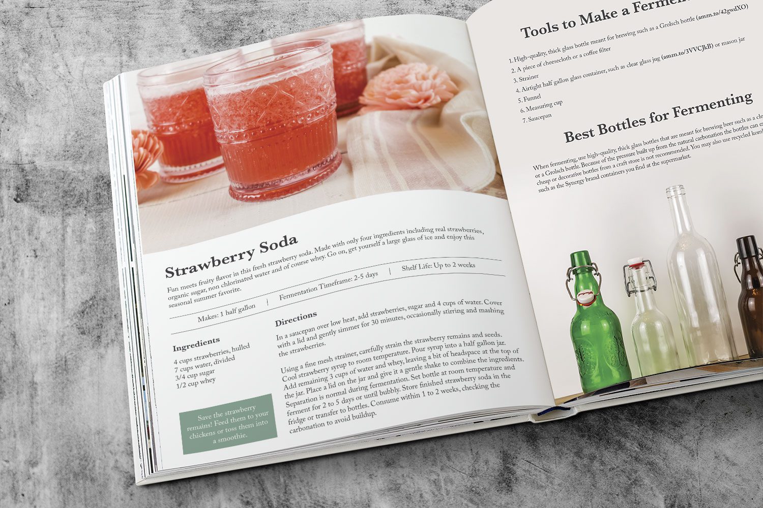 book flipped open to reveal soda recipes include strawberry soda