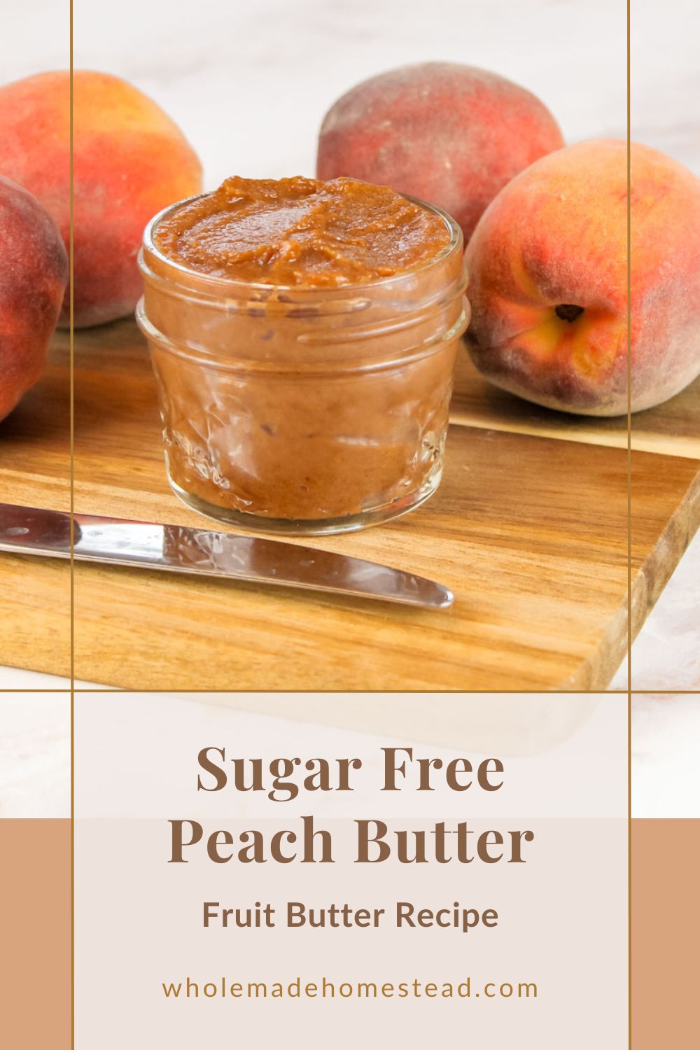 small glass jar of fruit butter next to a handful of fresh peaches
