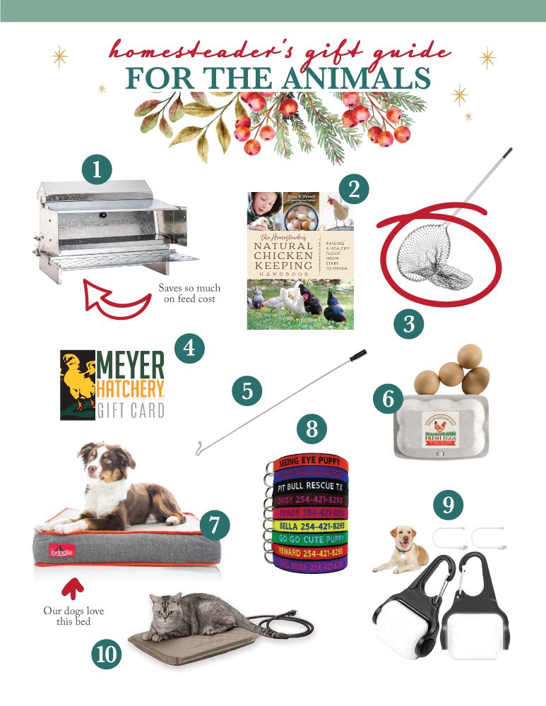 10 different gift ideas for animals including a heated bed with a cat on it, a gift card to meyer hatchery and a stack of personalized dog collars