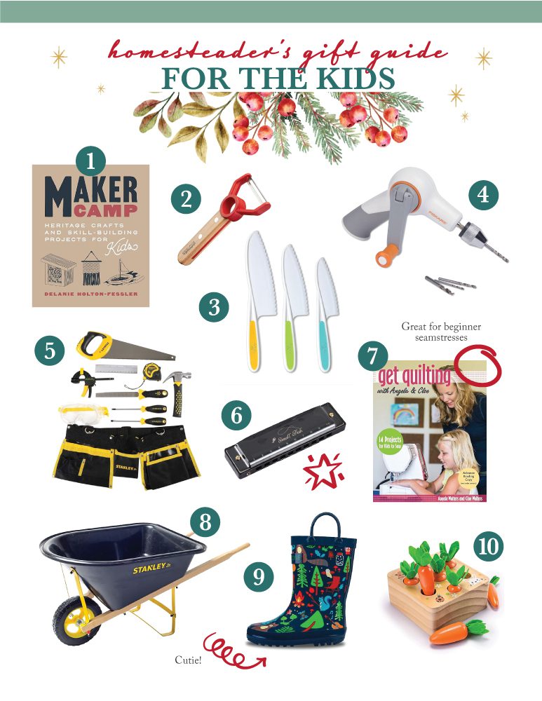 collection of gift ideas for children featuring 10 different ideas such as a tool set, rain boots and a sewing book