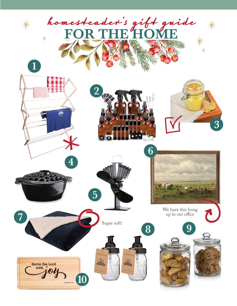 10 home decor ideas for christmas gifts including a blue blanket, glass storage containers and a wooden cutting board