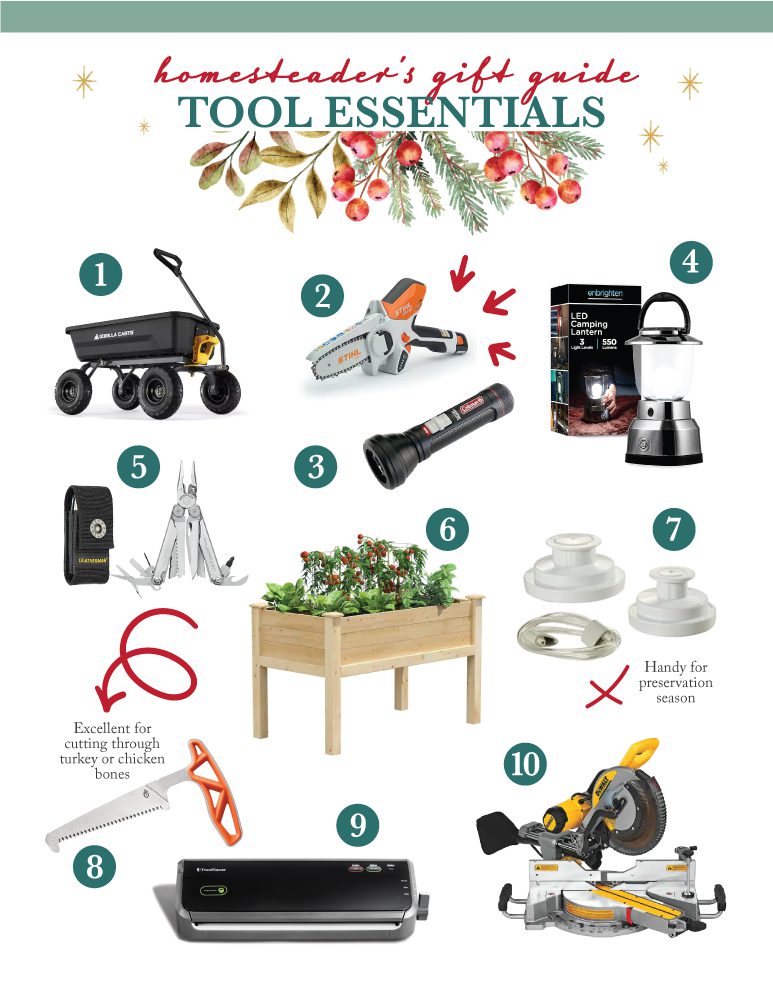 graphic featuring gift ideas for tools. imagery includes saw, raised garden bed and saw