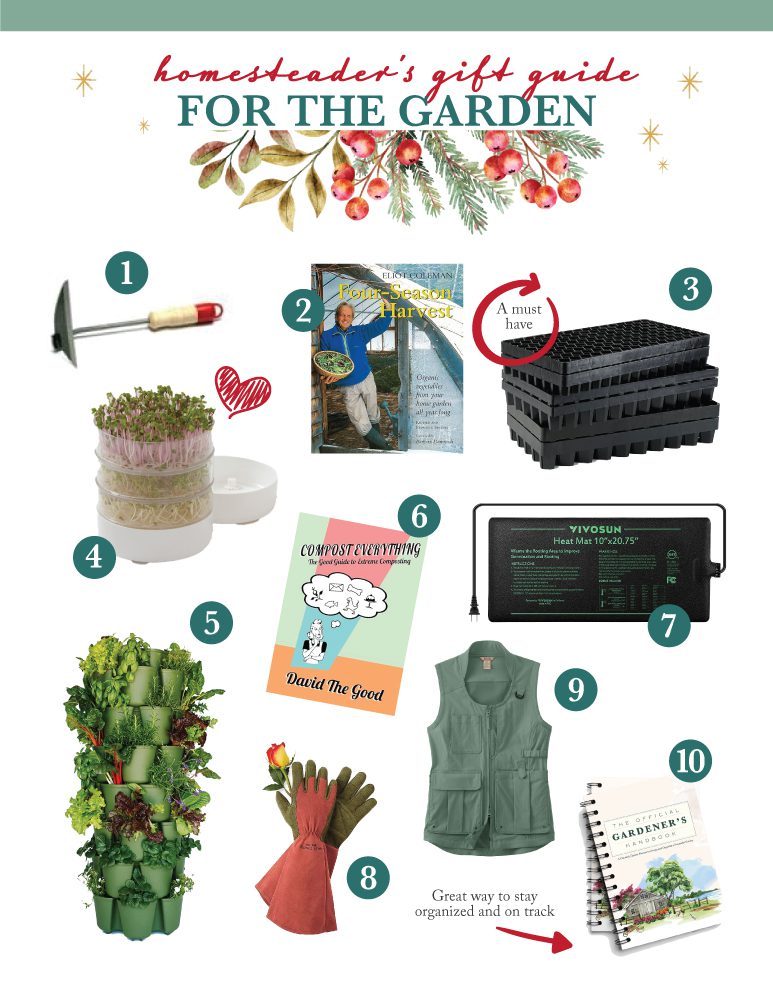 10 gardening gifts featuring a garden book, a vest, a set of gloves and a planner