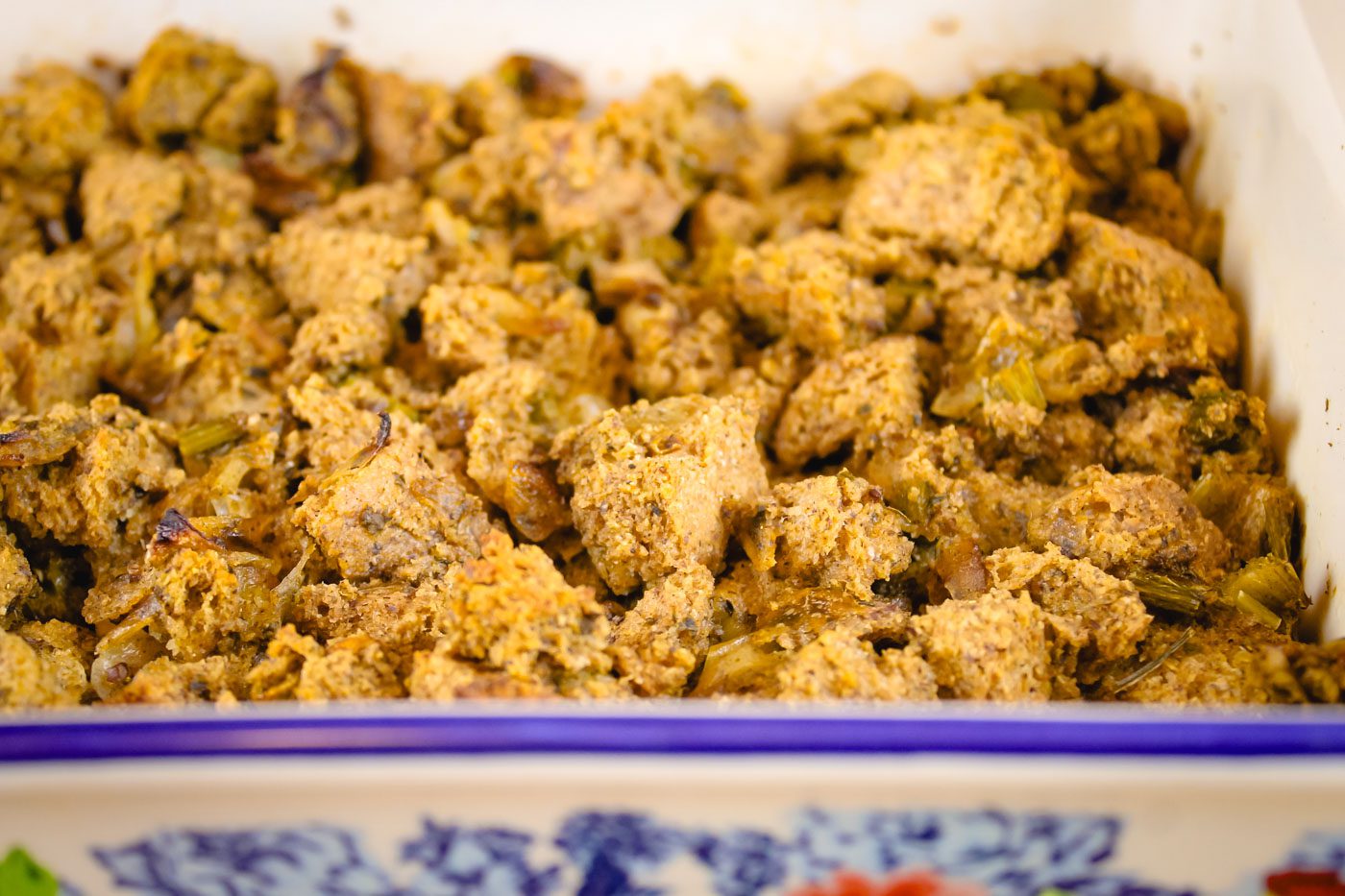 close up of a dish of homemade stuffing