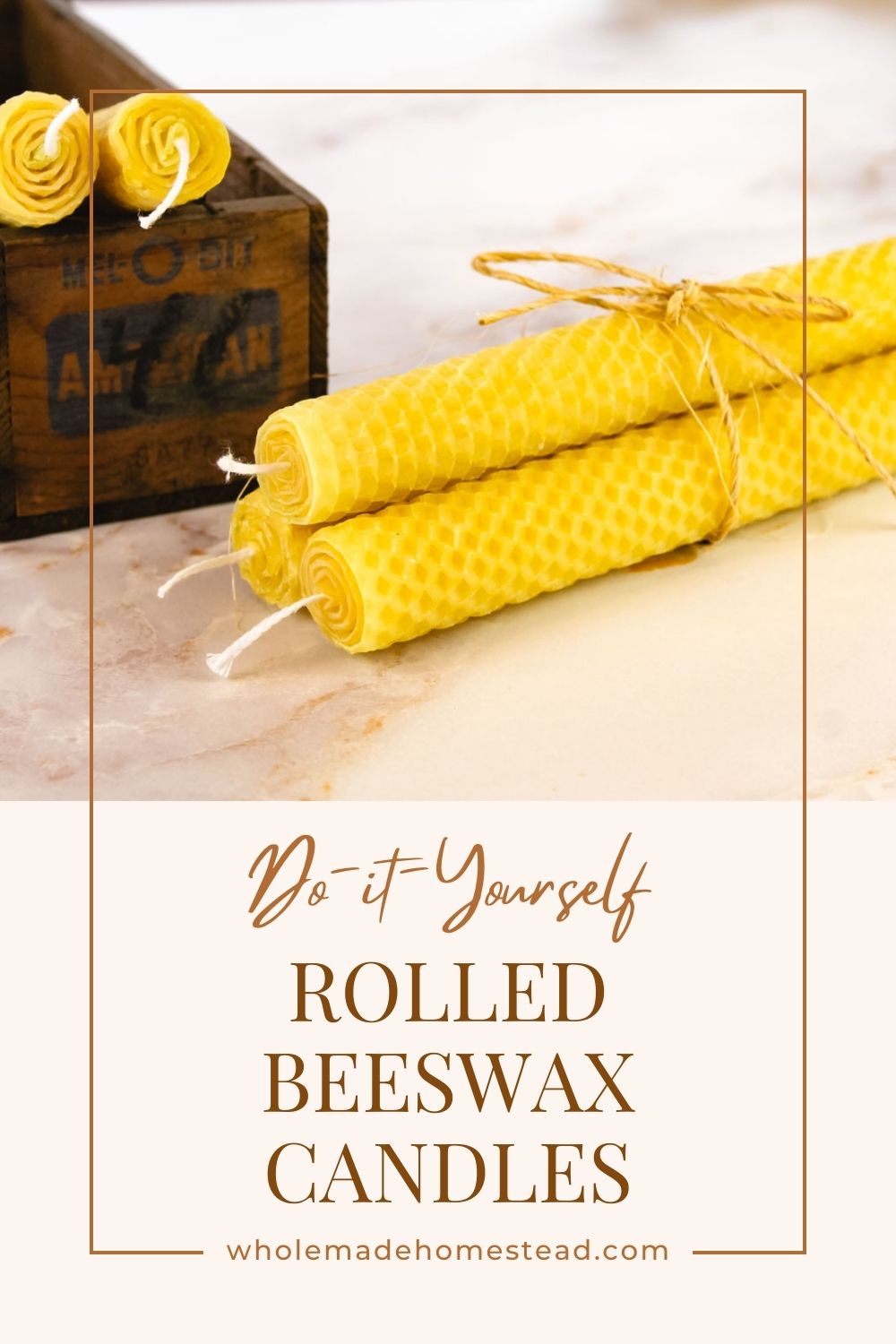 pinterest graphic displaying a stack of rolled candles wrapped in a bundle of twine