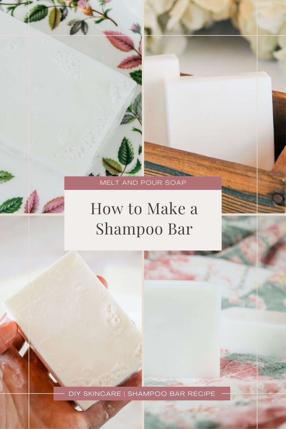 collage of images showing homemade shampoo bars, hand holding solid shampoo bar, box full of soap bars and a plate covered in a foamy bar of soap