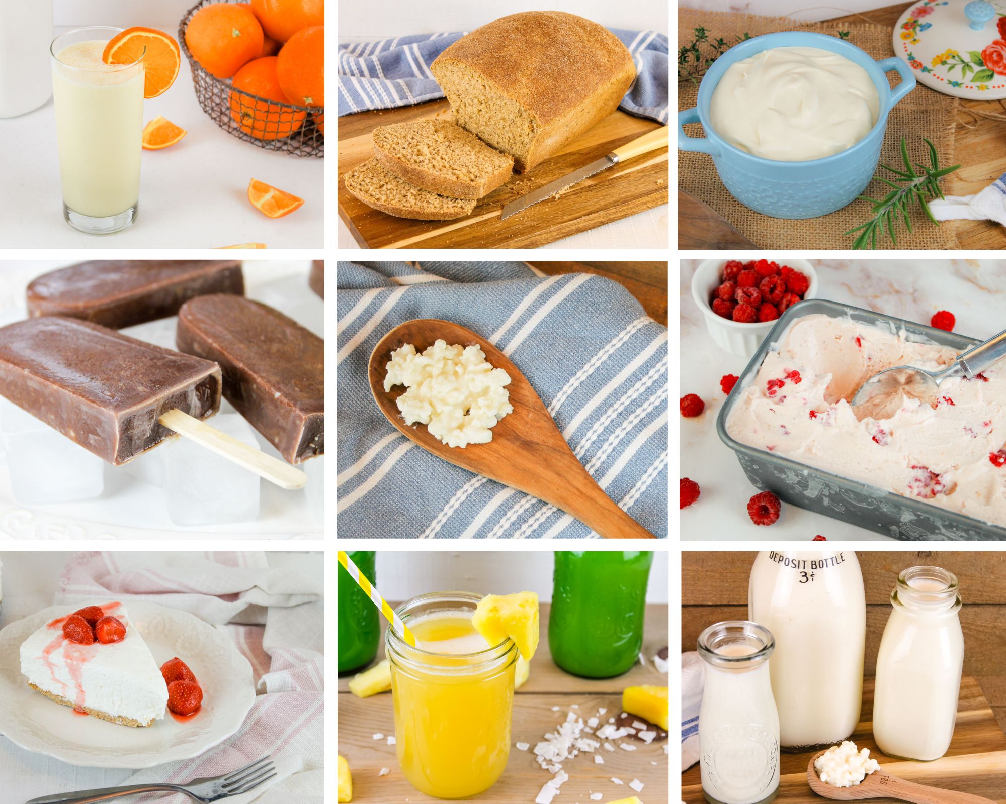 collage of milk kefir uses including milk kefir popsicles, bowl of kefir sour cream and glass or smoothie made with kefir