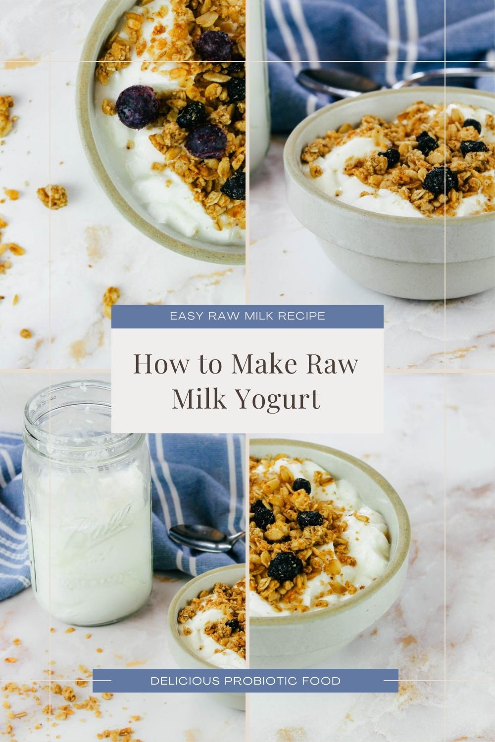 collage of images displaying bowls of yogurt, granola and raw milk
