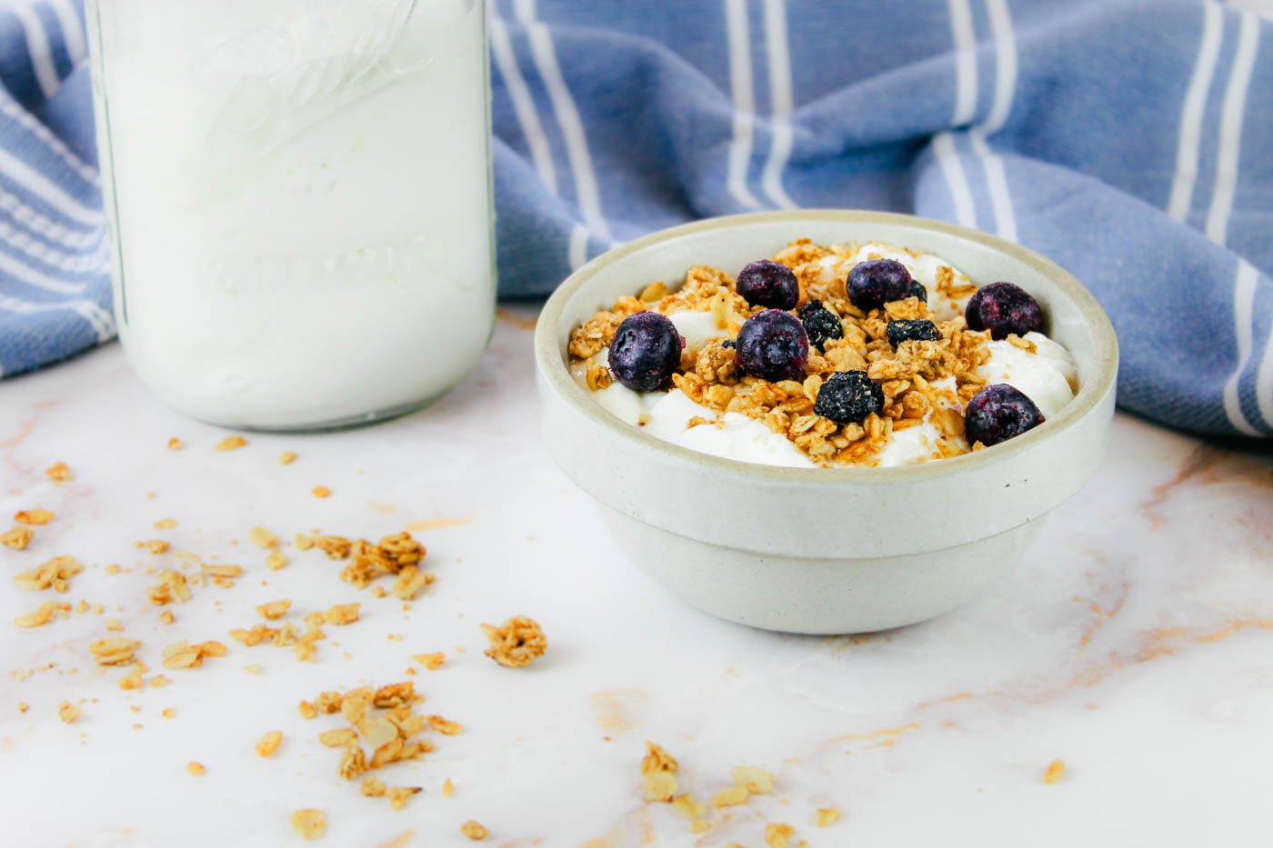 blueberries and granola top a ceramic bowl of homemade yogurt