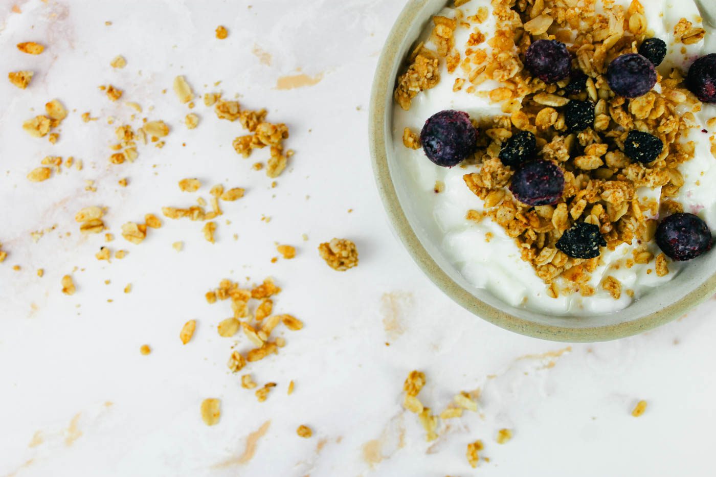 bowl of yogurt topped with granola and blueberries