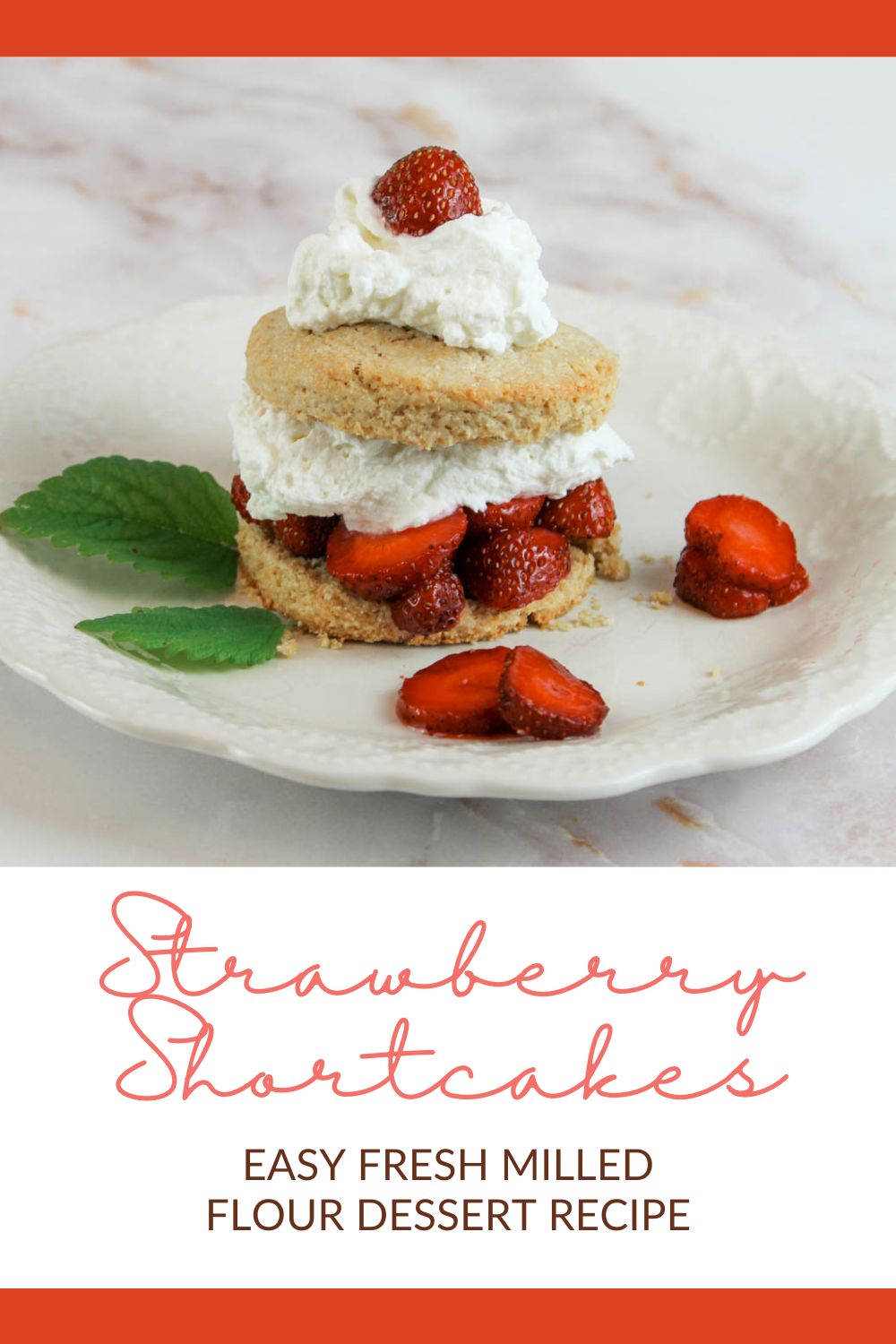 fruity strawberry dessert surrounded by sliced berries and a green leaf garnish