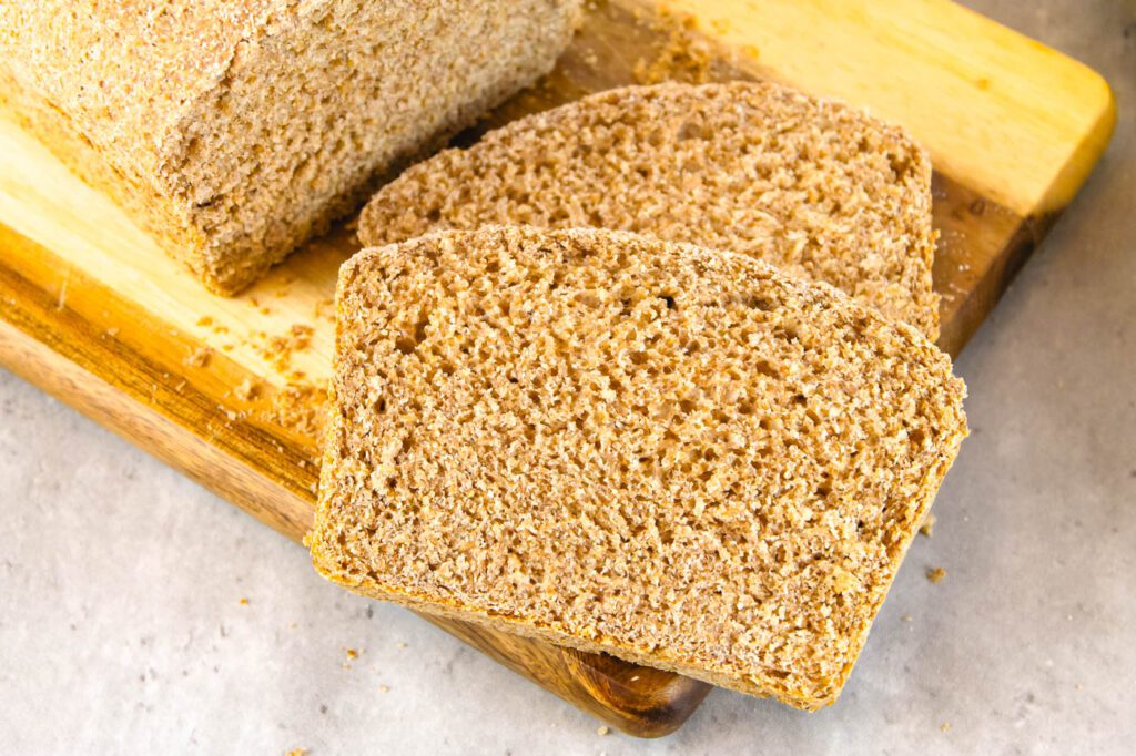 two slices of fresh milled bread sitting on a kitchen countertop