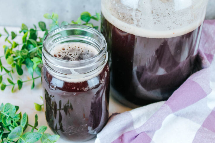 mason jar filled with elderberry soda sitting next to some greenery and a purple towel