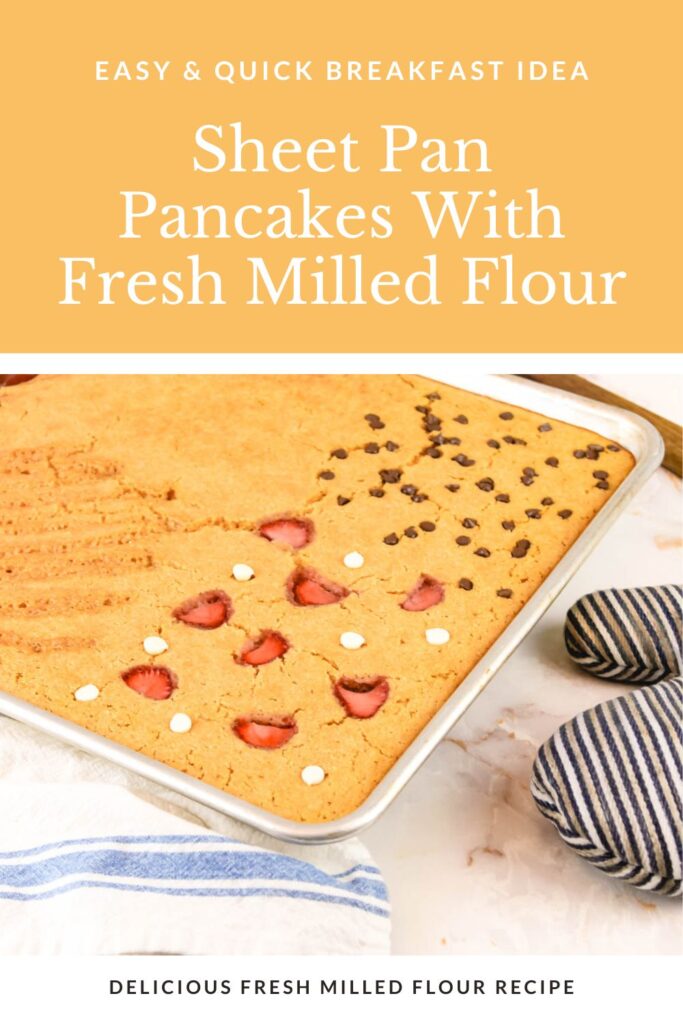 pinterest graphic display photograph of a sheet pan filled with pancakes