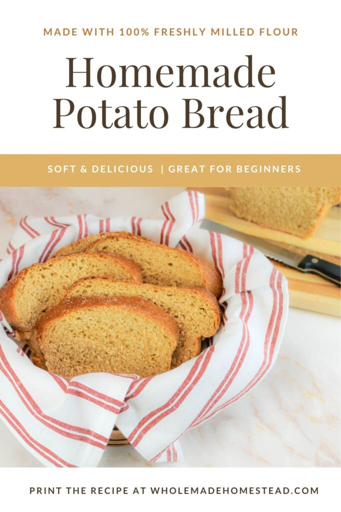 pinterest graphic displaying a photo of a basket filled with whole grain potato bread slices