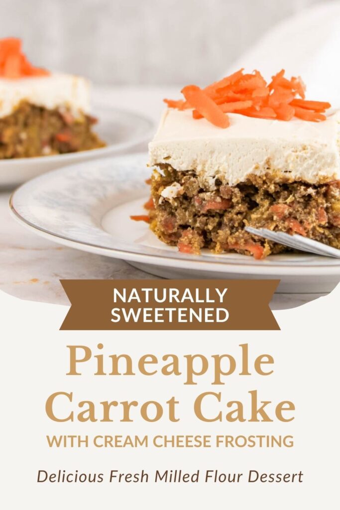 brown and orange pinterest graphic showing a photo of carrot cake on a glass plate