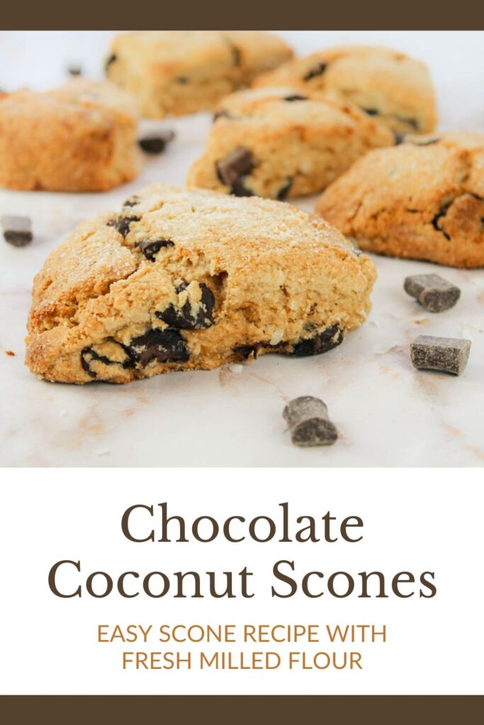 pinterest graphic displaying a photo of a homemade scone with chocolate chips and coconut