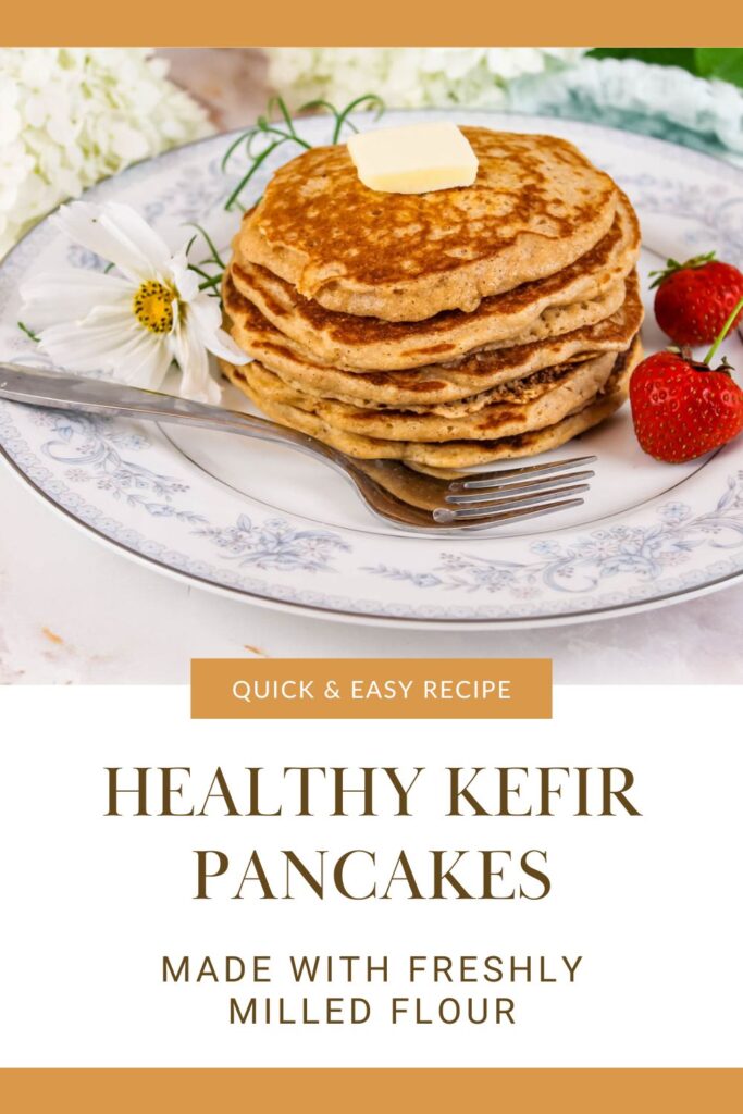 pinterest graphic displaying photograph of a stack of kefir pancakes on a plate