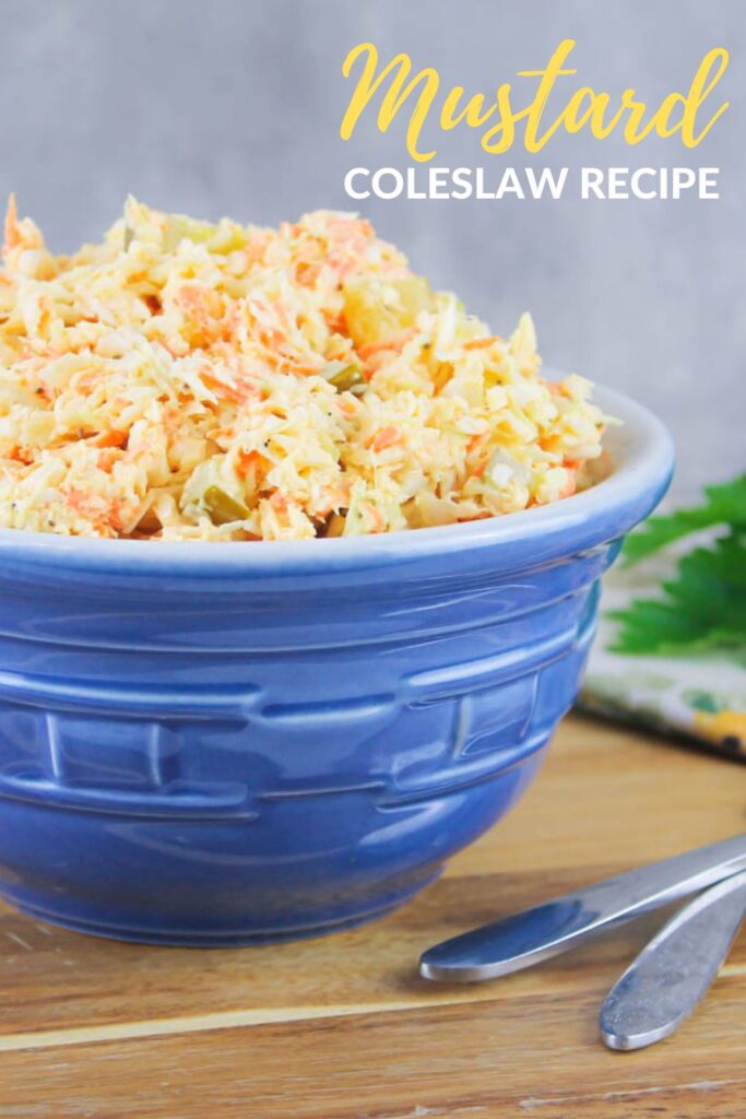 pinterest graphic displaying a blue bowl filled with homemade coleslaw