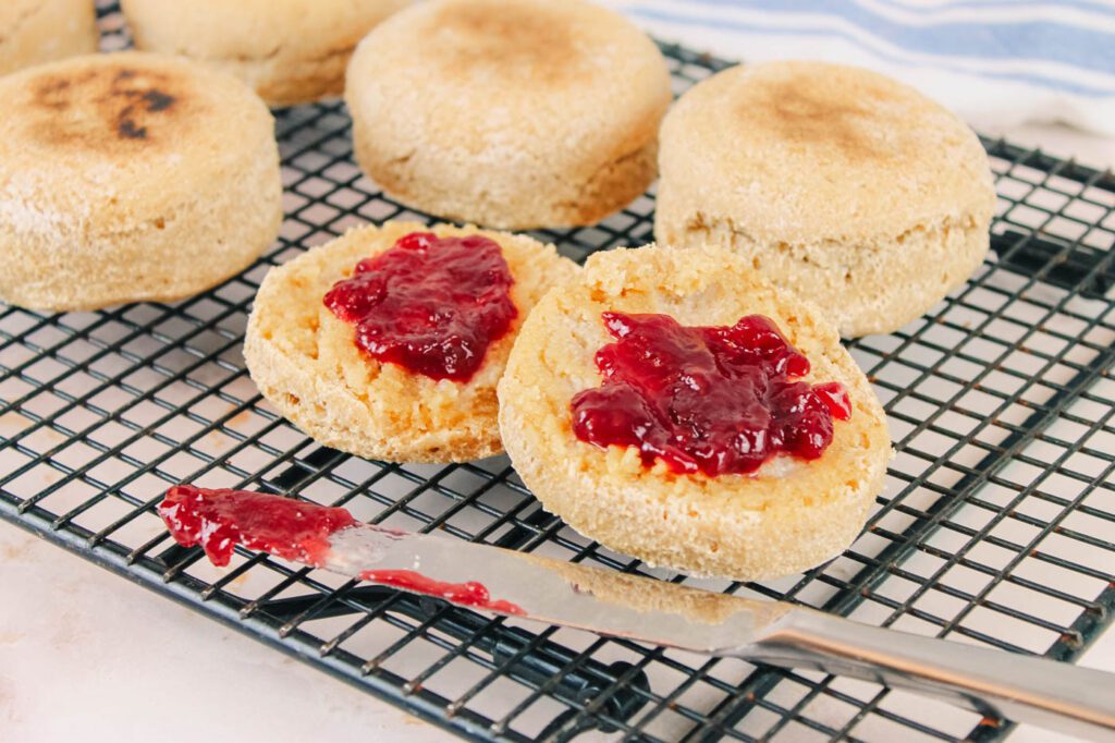 jam smothered onto an english muffin