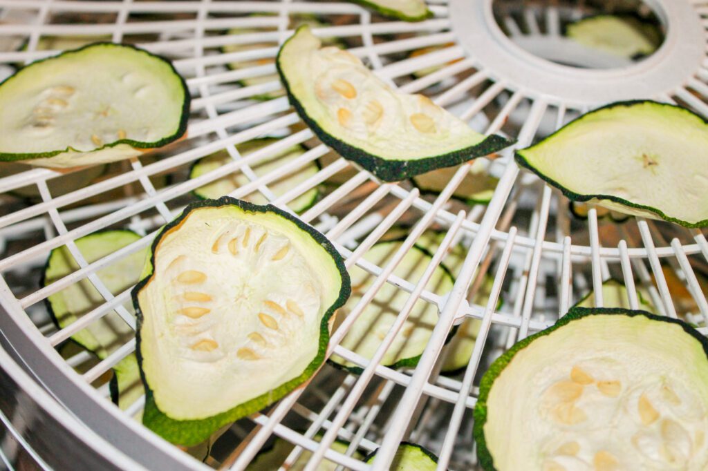 sliced vegetables laid out on a food dehydrator tray