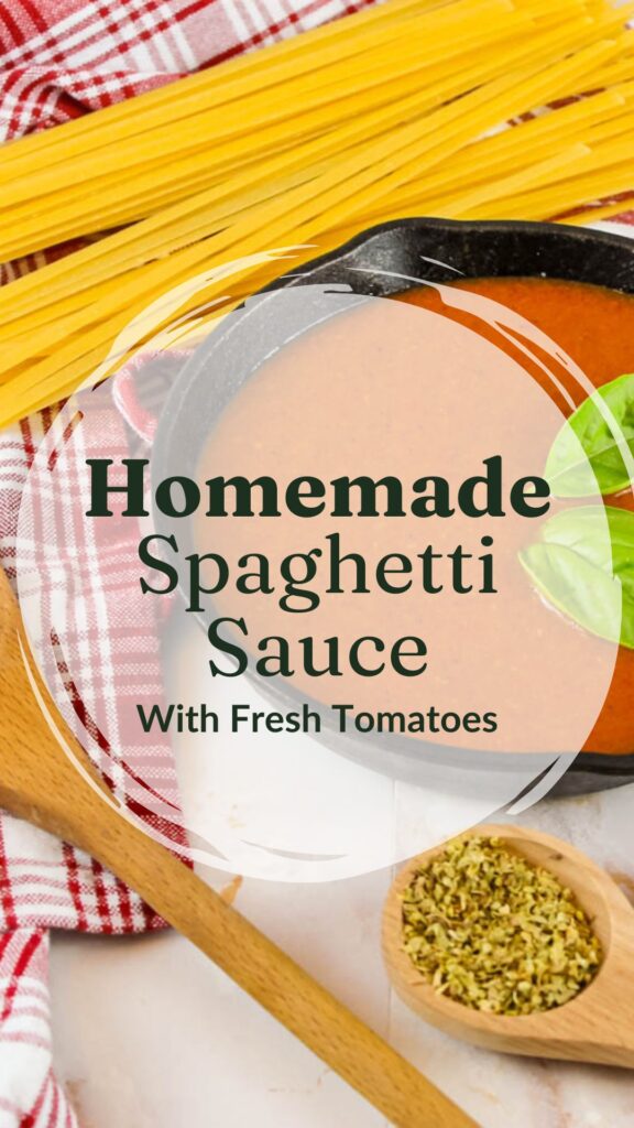 pinterest graphic showing a pan full of spaghetti sauce, dried pasta, spices and cooking spoons