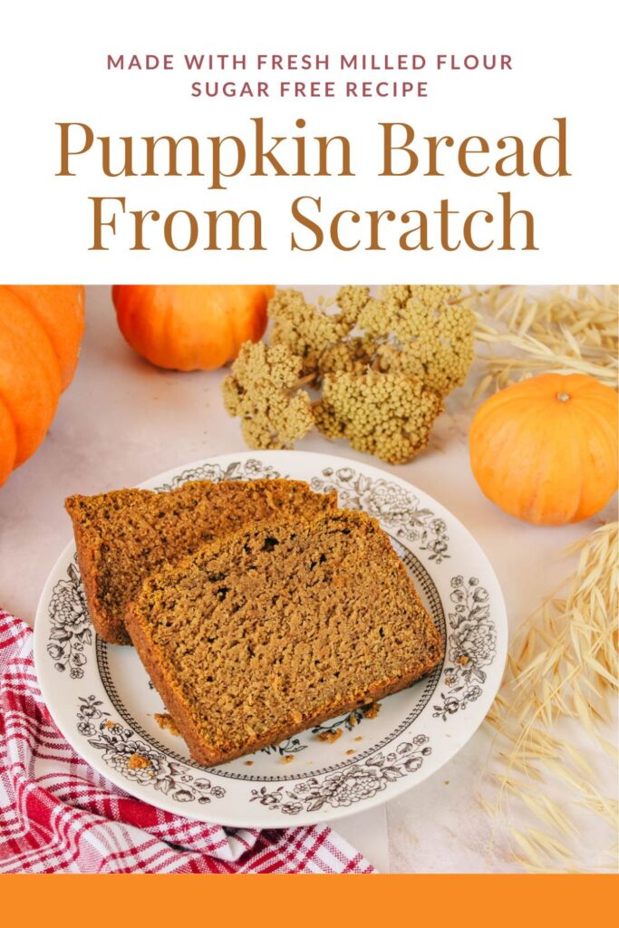 pinterest graphic showing a plate filled with sliced pumpkin bread