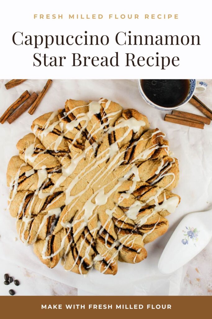 pinterest graphic displaying a photo of homemade cinnamon star bread